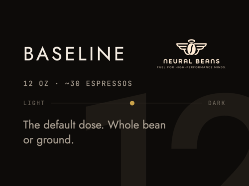 Neural Beans Baseline label: 12 oz bag, about 30 espressos, medium-dark roast, whole bean or ground