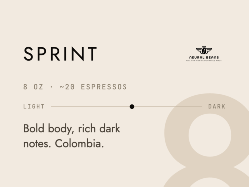 Neural Beans Sprint label: 8 oz bag, about 20 espressos, bold body with rich dark notes from Colombia